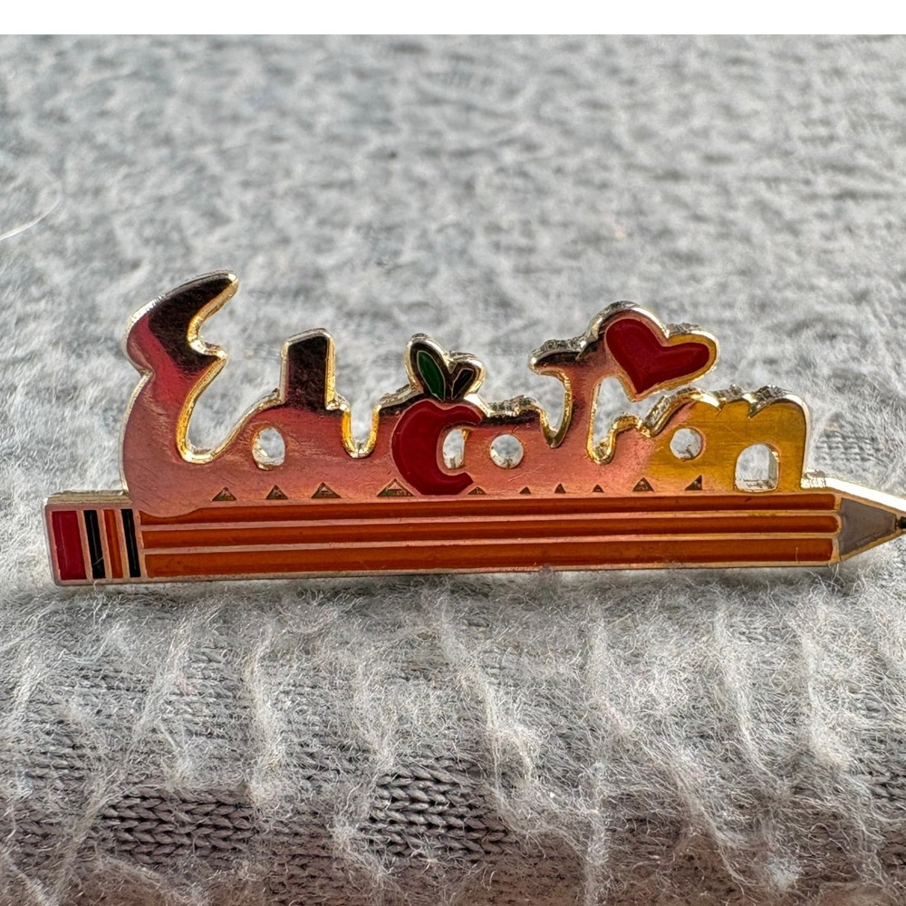 Vintage Educate Enamel Pin Teacher School Apple Pencil Gold Tone Lapel Pin